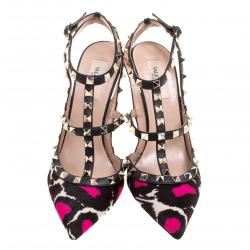 Pre Owned Valentino Black Leather and Printed Calfhair Rockstud Sandals Size 39.5
