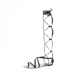 Pre Owned Valentino Black Leather Knee- High Rockstud Gladiator Sandals Size 40