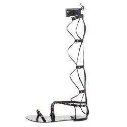 Pre Owned Valentino Black Leather Knee- High Rockstud Gladiator Sandals Size 40