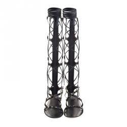 Pre Owned Valentino Black Leather Knee- High Rockstud Gladiator Sandals Size 40