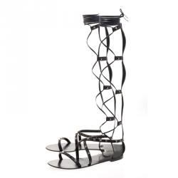 Pre Owned Valentino Black Leather Knee- High Rockstud Gladiator Sandals Size 40