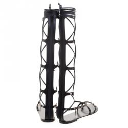 Pre Owned Valentino Black Leather Knee- High Rockstud Gladiator Sandals Size 40