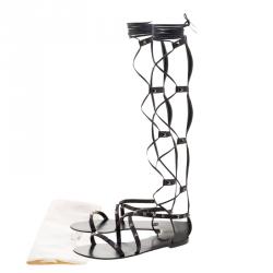 Pre Owned Valentino Black Leather Knee- High Rockstud Gladiator Sandals Size 40