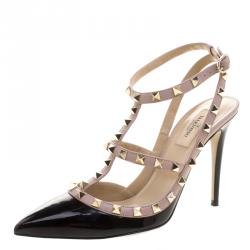 Pre Owned Valentino Black and Beige Patent Leather Rockstud Ankle Strap Sandals Size 40