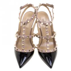 Pre Owned Valentino Black and Beige Patent Leather Rockstud Ankle Strap Sandals Size 40