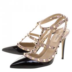 Pre Owned Valentino Black and Beige Patent Leather Rockstud Ankle Strap Sandals Size 40