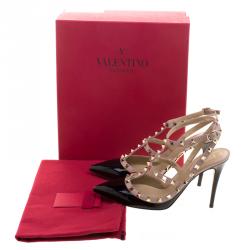 Pre Owned Valentino Black and Beige Patent Leather Rockstud Ankle Strap Sandals Size 40