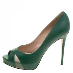 Pre Owned Valentino Pop Green Leather Peep Toe Pumps Size 38.5