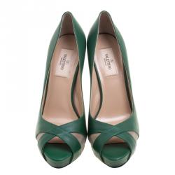 Pre Owned Valentino Pop Green Leather Peep Toe Pumps Size 38.5