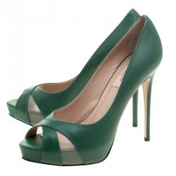 Pre Owned Valentino Pop Green Leather Peep Toe Pumps Size 38.5
