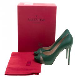 Pre Owned Valentino Pop Green Leather Peep Toe Pumps Size 38.5