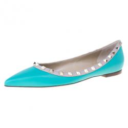 Pre Owned Valentino Turquoise Leather Rockstud Ballet Flats Size 40