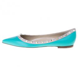 Pre Owned Valentino Turquoise Leather Rockstud Ballet Flats Size 40