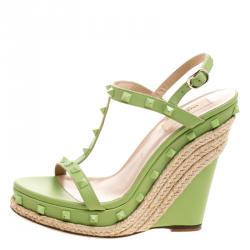 Pre Owned Valentino Lime Green Leather Rockstud T Strap Espadrille Wedges Size 39.5