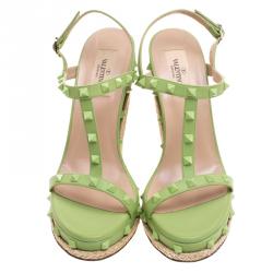 Pre Owned Valentino Lime Green Leather Rockstud T Strap Espadrille Wedges Size 39.5