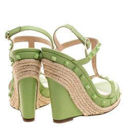 Pre Owned Valentino Lime Green Leather Rockstud T Strap Espadrille Wedges Size 39.5