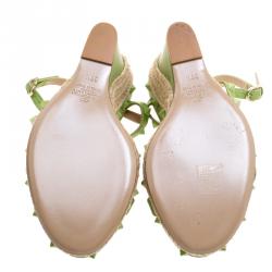 Pre Owned Valentino Lime Green Leather Rockstud T Strap Espadrille Wedges Size 39.5