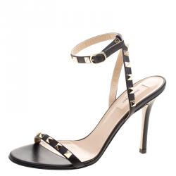 Pre Owned Valentino Black Leather Rockstud Ankle Strap Sandals Size 38.5