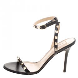 Pre Owned Valentino Black Leather Rockstud Ankle Strap Sandals Size 38.5