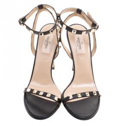 Pre Owned Valentino Black Leather Rockstud Ankle Strap Sandals Size 38.5