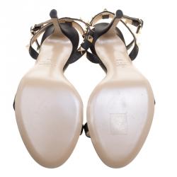 Pre Owned Valentino Black Leather Rockstud Ankle Strap Sandals Size 38.5