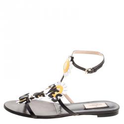 Pre Owned Valentino Black Leather Love Me Daisy Flower Embellished Strappy Flat Sandals Size 38.5