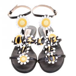 Pre Owned Valentino Black Leather Love Me Daisy Flower Embellished Strappy Flat Sandals Size 38.5