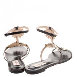 Pre Owned Valentino Black Leather Love Me Daisy Flower Embellished Strappy Flat Sandals Size 38.5