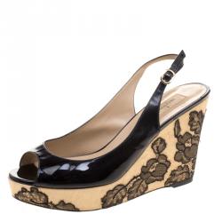 Pre Owned Valentino Black Patent Leather Lace Embellished Wedge Peep Toe Sandals Size 39