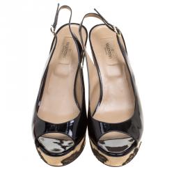 Pre Owned Valentino Black Patent Leather Lace Embellished Wedge Peep Toe Sandals Size 39