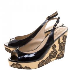 Pre Owned Valentino Black Patent Leather Lace Embellished Wedge Peep Toe Sandals Size 39