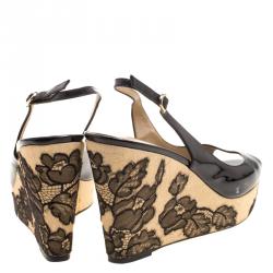 Pre Owned Valentino Black Patent Leather Lace Embellished Wedge Peep Toe Sandals Size 39