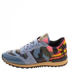 Pre Owned Valentino Multicolor Camouflage Leather and Suede Hawaiian Couture Rockrunner Sneakers Size 39