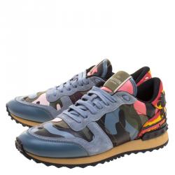 Pre Owned Valentino Multicolor Camouflage Leather and Suede Hawaiian Couture Rockrunner Sneakers Size 39