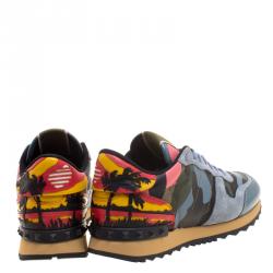 Pre Owned Valentino Multicolor Camouflage Leather and Suede Hawaiian Couture Rockrunner Sneakers Size 39