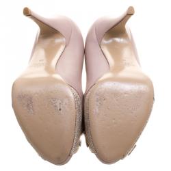 Pre Owned Valentino Beige Stud Embellished Leather Bow Peep Toe Pumps Size 38