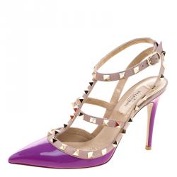 Pre Owned Valentino Beige and Purple Patent Leather Rockstud Sandals Size 37