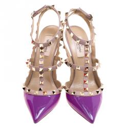 Pre Owned Valentino Beige and Purple Patent Leather Rockstud Sandals Size 37