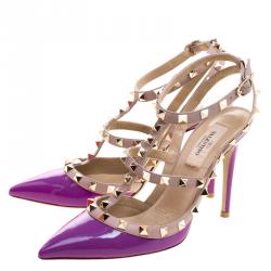 Pre Owned Valentino Beige and Purple Patent Leather Rockstud Sandals Size 37