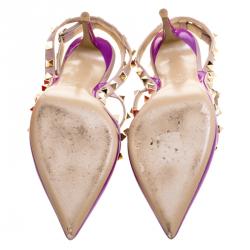 Pre Owned Valentino Beige and Purple Patent Leather Rockstud Sandals Size 37
