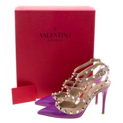 Pre Owned Valentino Beige and Purple Patent Leather Rockstud Sandals Size 37