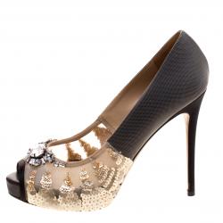 Pre Owned Valentino Beige Embellished Mesh and Satin Peep Toe Pumps Size 38