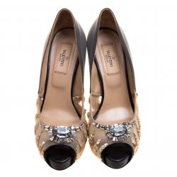 Pre Owned Valentino Beige Embellished Mesh and Satin Peep Toe Pumps Size 38