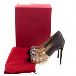 Pre Owned Valentino Beige Embellished Mesh and Satin Peep Toe Pumps Size 38