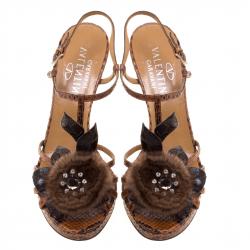 Pre Owned Valentino Two Tone Python Crystal Floral Embellished T Strap Sandals Size 38.5
