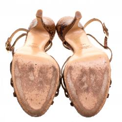 Pre Owned Valentino Two Tone Python Crystal Floral Embellished T Strap Sandals Size 38.5