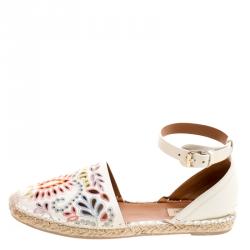 Pre Owned Valentino Cream Embroidered Leather A Jour Ankle Strap Espadrilles Size 40