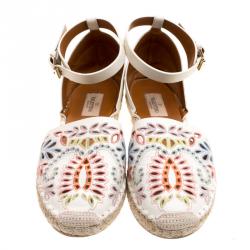 Pre Owned Valentino Cream Embroidered Leather A Jour Ankle Strap Espadrilles Size 40