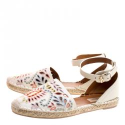 Pre Owned Valentino Cream Embroidered Leather A Jour Ankle Strap Espadrilles Size 40