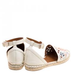Pre Owned Valentino Cream Embroidered Leather A Jour Ankle Strap Espadrilles Size 40